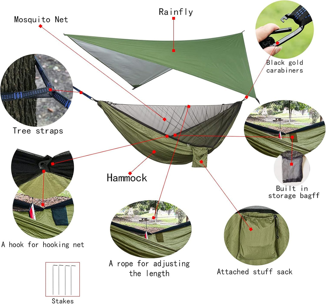 Camping Hängematten Set, Einzel Doppel Hängematte, Moskitonetz, Insektennetz, Regenfliege, hochfeste