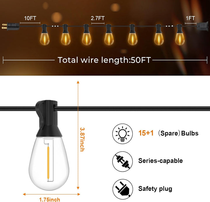 50FT LED-Aussen-Schnurleuchten, 16 bruchsichere wasserdichte S14-austauschbare Glühbirnen (1 Ersatz)