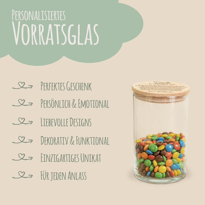 GRAVURZEILE Vorratsglas mit graviertem Holzdeckel - Danke für die Kunterbunte Zeit V2 - Personalisie