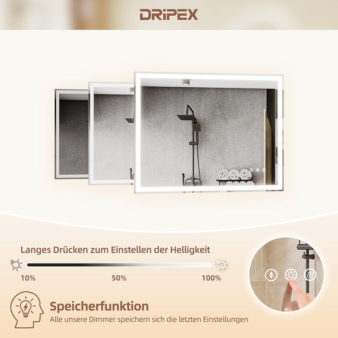 Badezimmerspiegel Led Badspiegel, Speicherfunktion, Touch-Schalter, Druckknopf, Dimmbar, 3 Lichtfarb