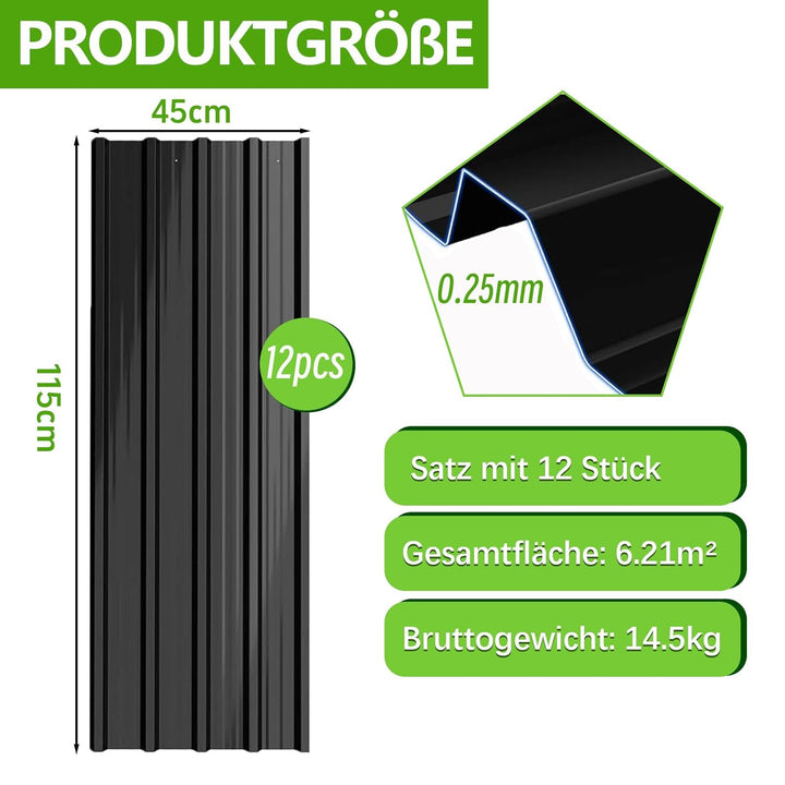 12er Set Profilblech Trapezblech, 115x45cm (6,21m²) Verzinkt Metall Dachplatten Wellblechplatten, Sc