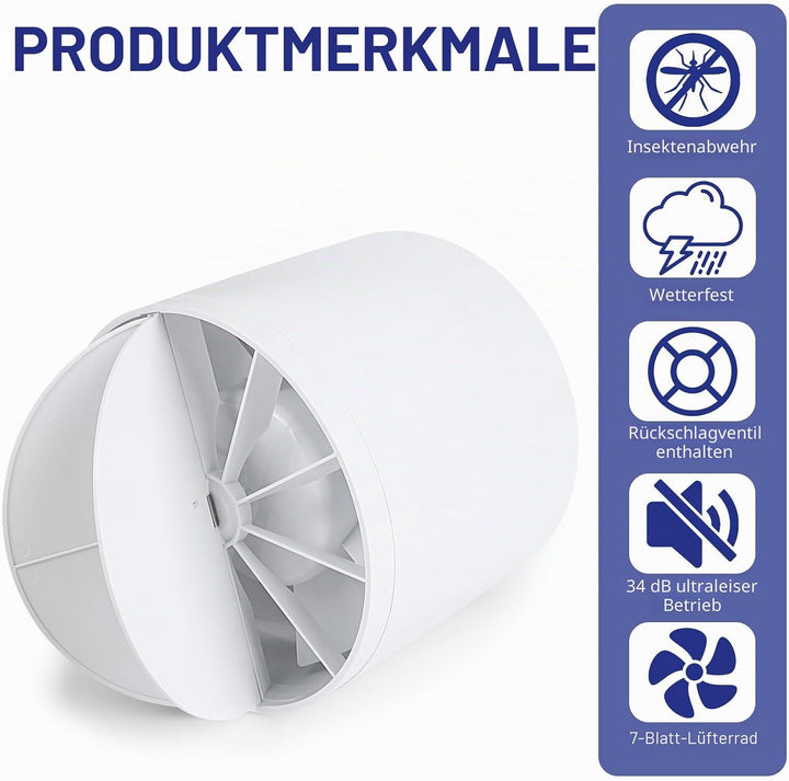lalago Kanal Rohrventilator 150mm, Inline-Abluftventilator 34dB Leise Weiss, Rohrlüfter mit Rückstau