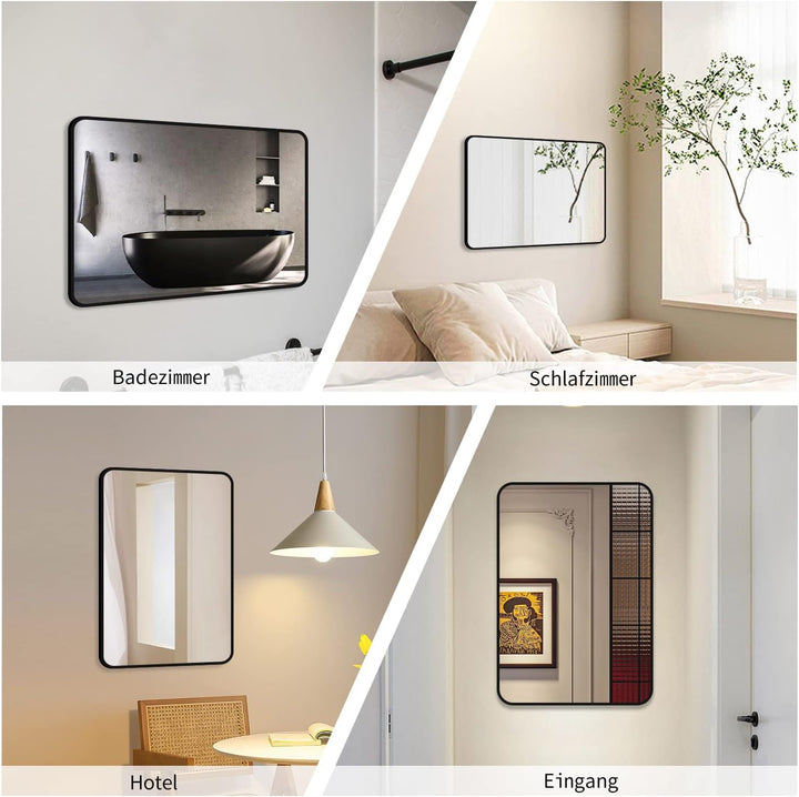 Spiegel Schwarz gross Wandspiegel 50x70cm Rechteckiger Metallrahmen Badspiegel Badezimmer Abgerundet