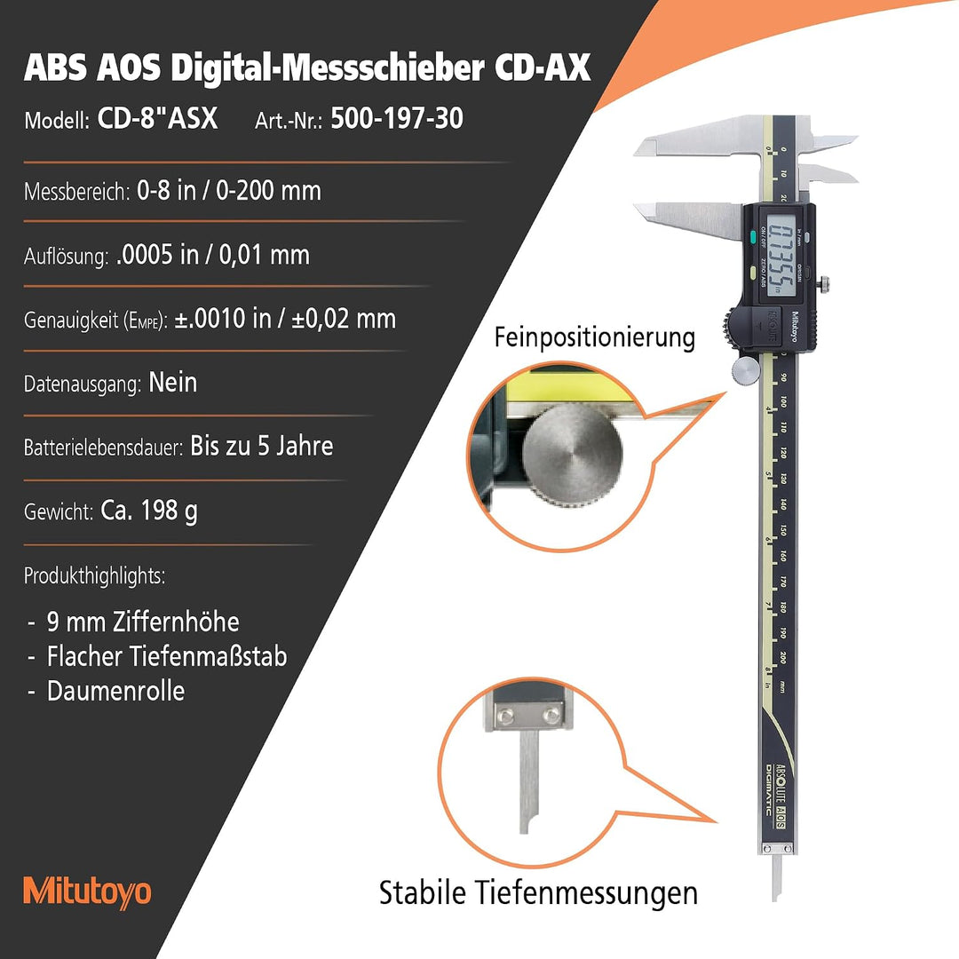 Mitutoyo 500-197-30 Digitaler ABS-AOS-Messschieber Thumb R. ohne Ausgang Standard, Standard