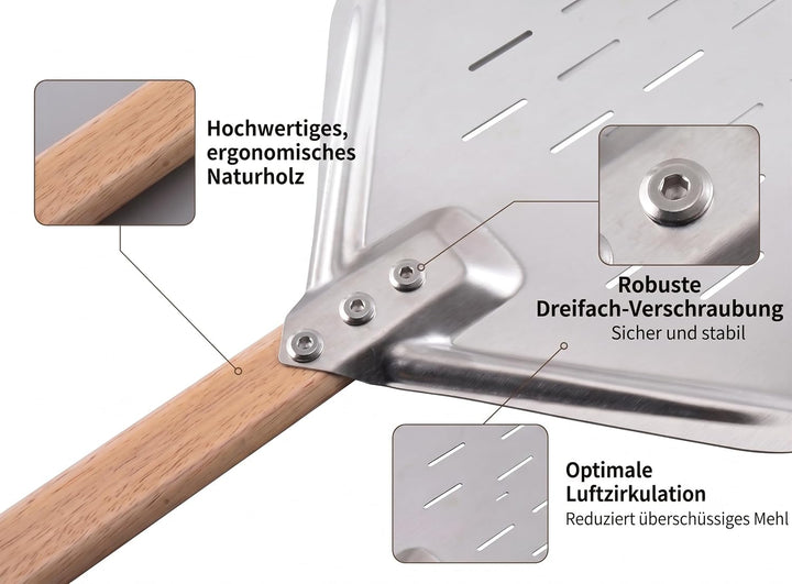 Pizzaschieber perforiert 39.5 * 30 * 70 cm – Aluminium Pizzaschaufel mit abnehmbarem Holzgriff, leic