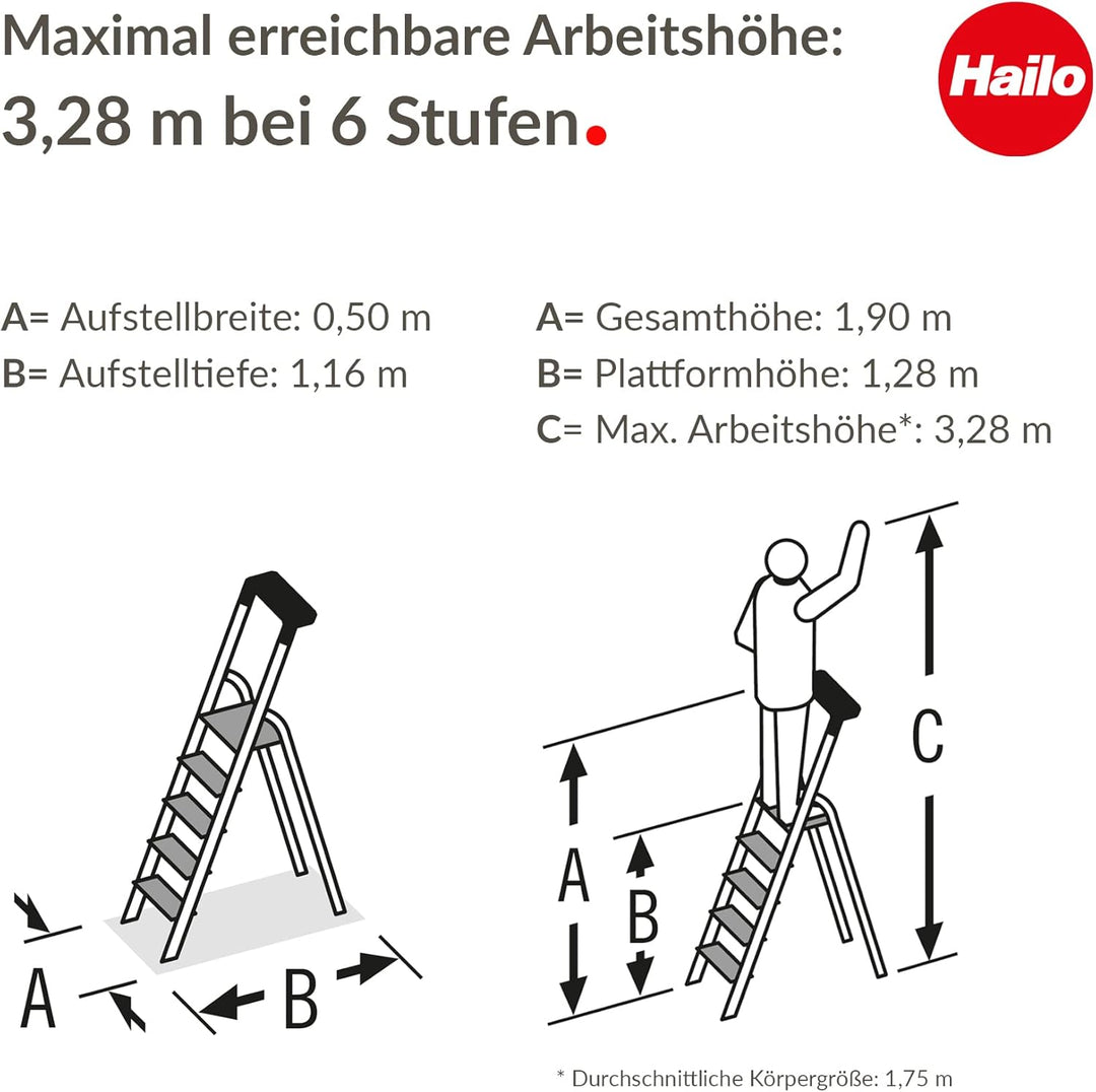 Hailo Stehleiter StandardLine 6 Stufen, belastbar bis 150 kg, Leiter aus Aluminium mit Ablage & Stab