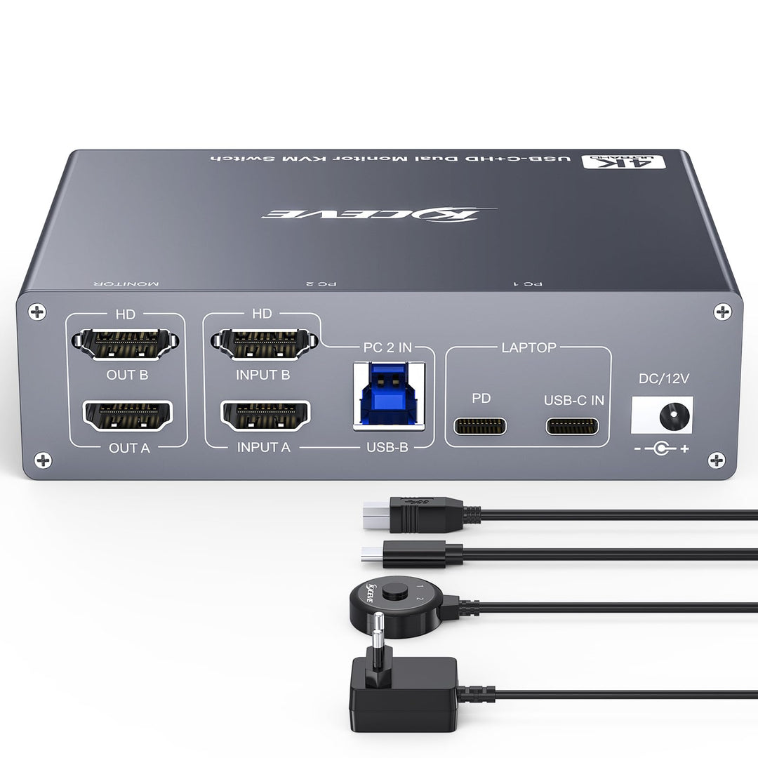 4K KVM Switch 2 Monitore für 1 Laptop 1 Desktop, USB 3.0 KVM Switch 2 PC 2 Monitore USB C, 4K@60Hz,