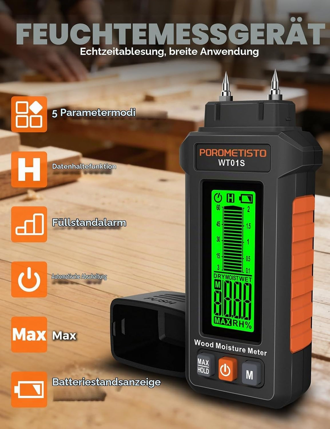 WT01S Feuchtigkeitsmessgerät Pin-Typ mit 5 Modi, Holzfeuchtemessgerät mit dreifarbiger Hintergrundbe