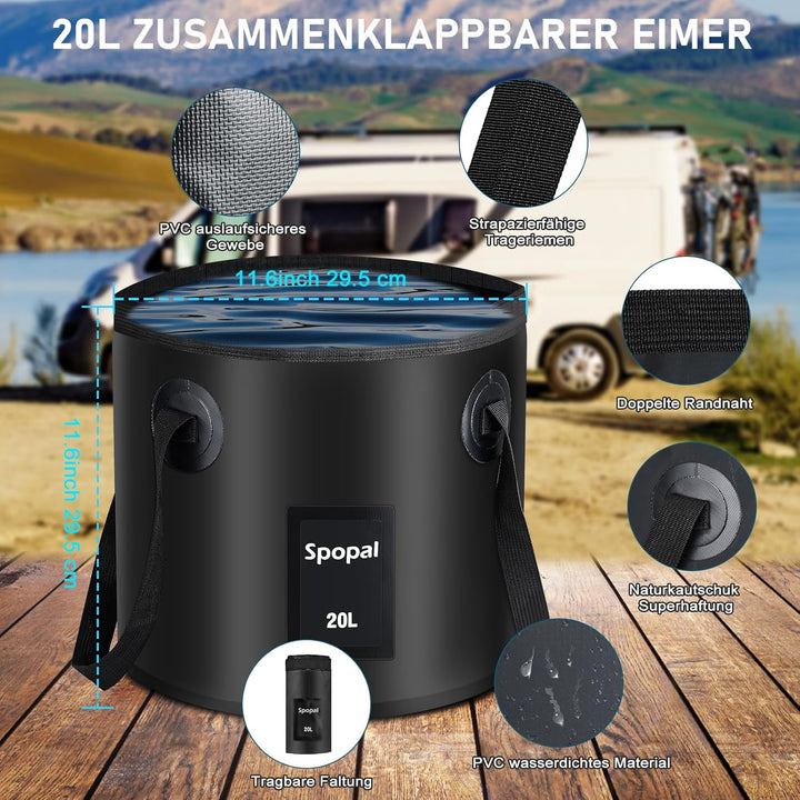 Spopal Campingdusche Tragbare, Campingdusche mit 20L Klappbarer Eimer, 6000mAh Camping Dusche Akku,