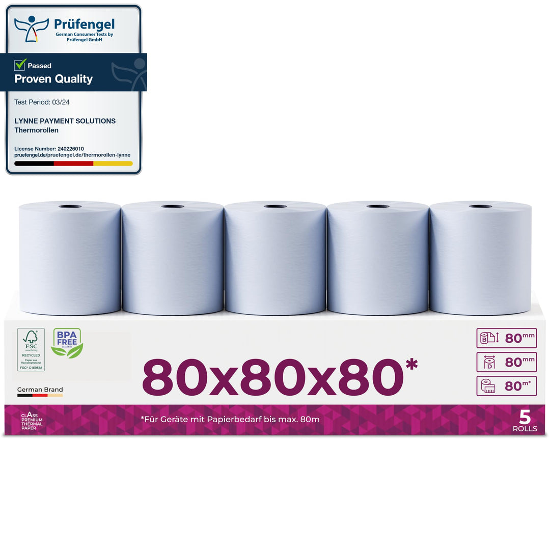 Phenolfreie ÖKO Thermorollen/Bonrollen/Kassenrollen / 80mm x 80m x 12mm (80x80x12) für alle gängigen