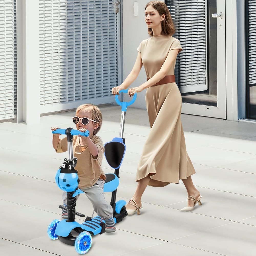 Tretroller mit 3 Rädern für Scooter, faltbar, bunt | rutschfeste Brücke höhenverstellbar mit LED-Lic
