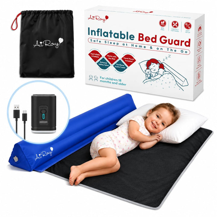 Aufblasbarer Bettschutz für Kleinkinder (Blau mit Mini-Luftpumpe)
