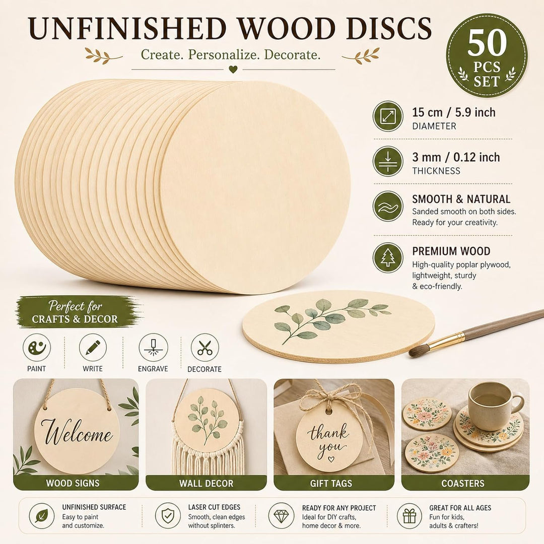 STARVAST 50 Stücke Runde Naturholzscheiben, holzscheiben 15 cm /6 Zoll durchmesser, Unvollendete Run