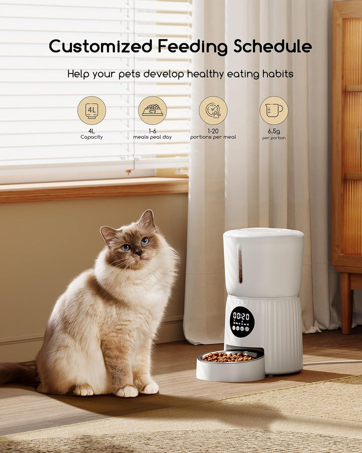 Faroro 4L Futterautomat Katze & Hund, Katzenfutter Automat mit Timer, Katzennapf aus Edelstahl & Dre