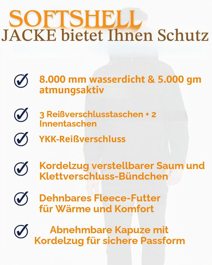 Acme Projects Mit Fleece gefütterte Softshell-Jacke für Herren mit Abnehmbarer Kapuze, wasserdicht,