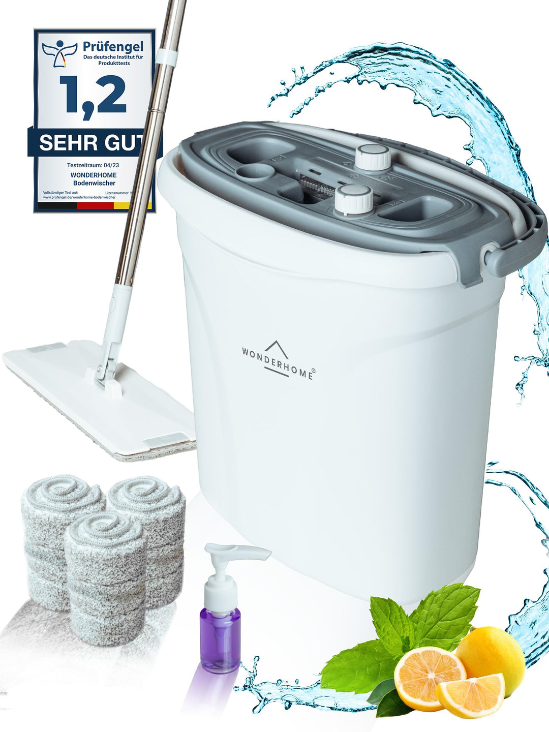 Wischmopp Set mit Eimer – Bodenwischer mit 3-Kammersystem - Wischer mit grossvolumigen Putzeimer - M