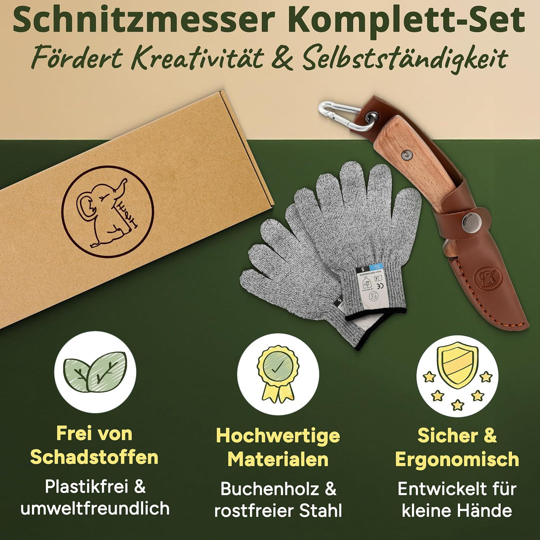 Eli® Schnitzmesser für Kinder mit Schnitzholz und Ledertasche ab 8 Jahre - hochwertiges Kindermesser