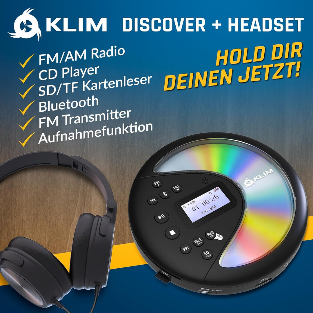 KLIM Discover Mit Kopfhörern + Tragbarer CD-Player Walkman mit langlebigem Akku + Radio FM + Kompati