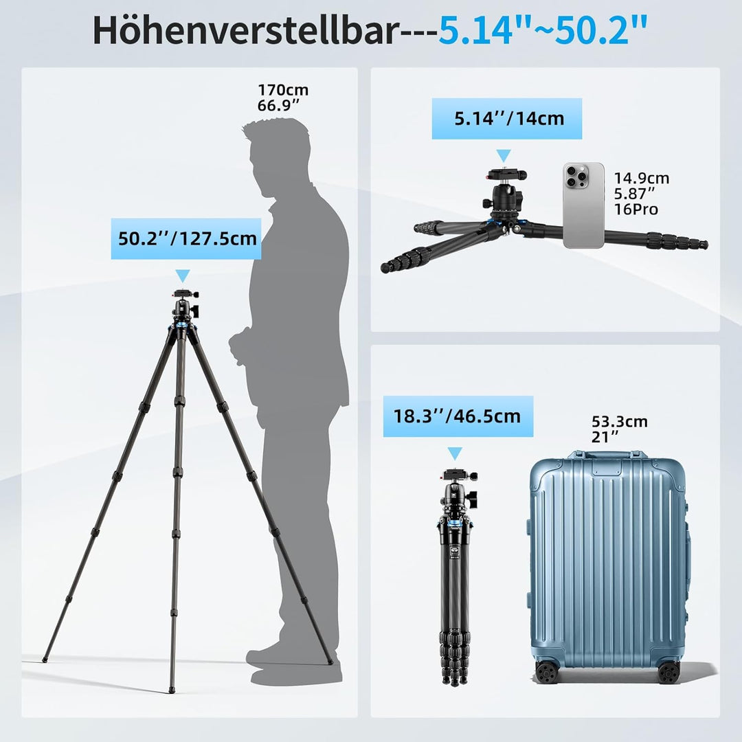 SIRUI AM-225+B-00K Carbon Kamera Reise Stativ, 127,3cm leichtes Kamerastativ Reisestativ Dreibein-St