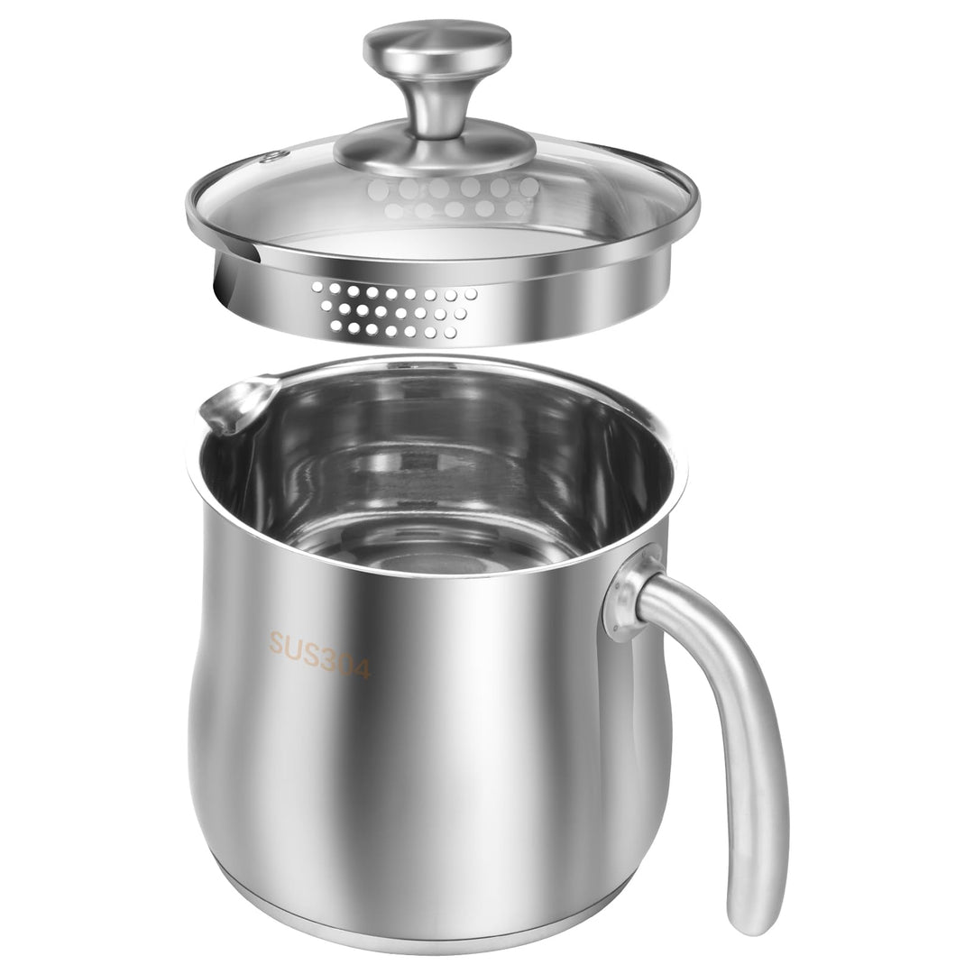 Edelstahltopf mit Glasdeckel, 2 Liter Milchtopf,Deckel mit Dampfloch, Kochtopf Induktion mit Griff u