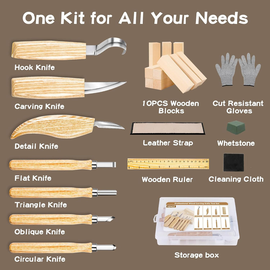 HOMCA Holz Schnitzwerkzeug Set, 23 in 1 Schnitzset mit 7 Schnitzmesser für Kinder&Erwachsene, Holzwe