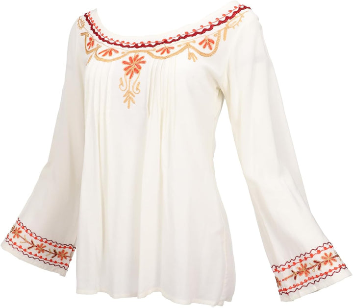 GURU SHOP Bestickte Elfenbluse, Boho Damenbluse 42 Cremeweiss, 42 Cremeweiss