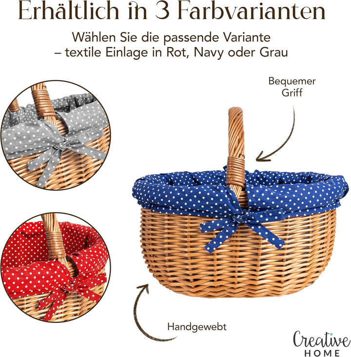 Creative Home Grosser Picknickkorb mit Stoffeinlage blau mit Pünktchen | Weidenkorb mit Henkel | Ein