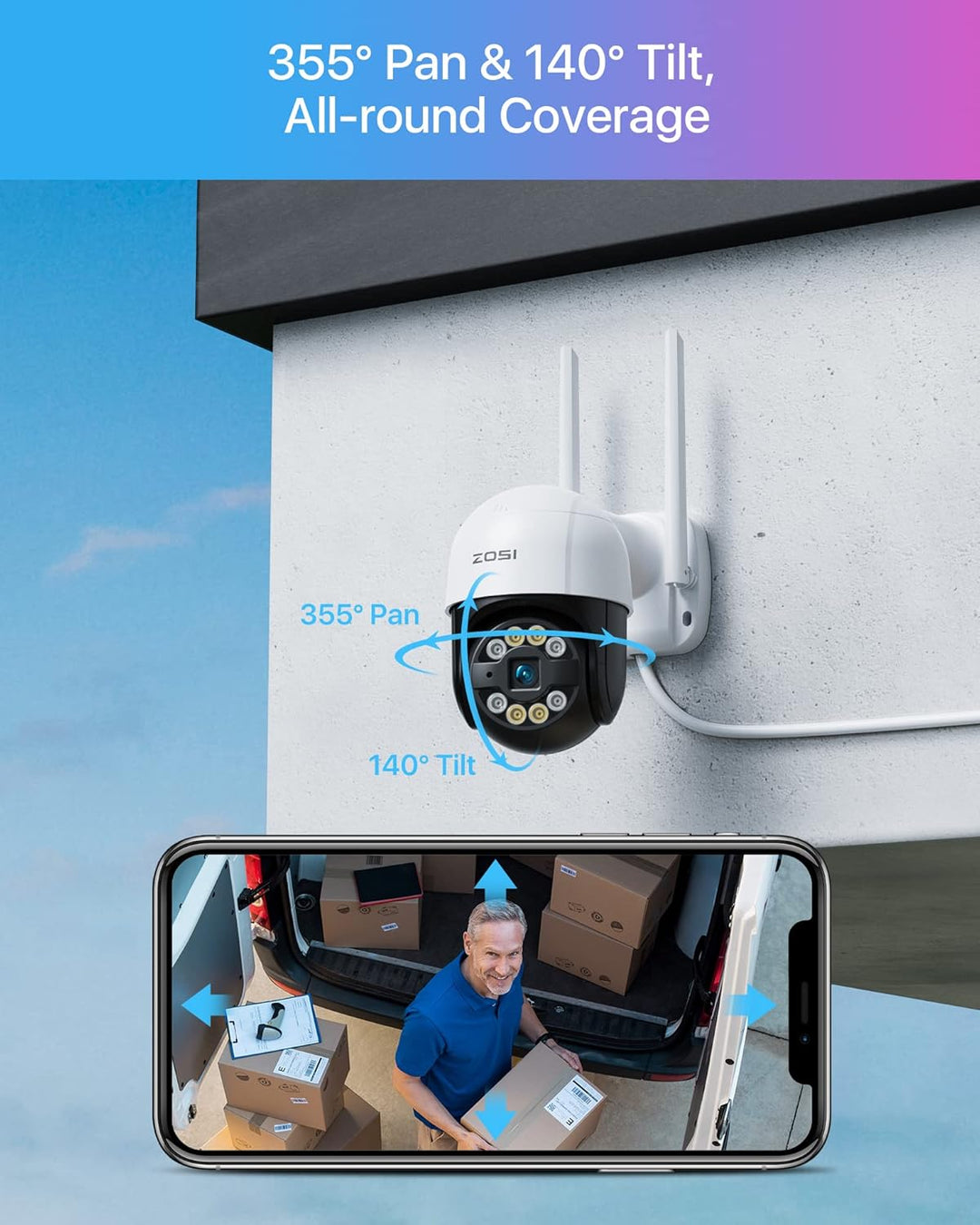 ZOSI 3MP Überwachungskamera Set WLAN Aussen, 4X Pan/Tilt IP Dome Kamera 355°/140° Schwenkbar, 2-Wege