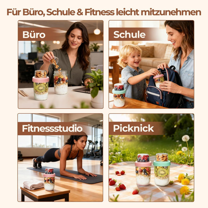 ComSaf 4er Overnight Oats Gläser, 480ml+120ml Müslibecher to go, Joghurtbecher mit Doppelschicht-Des