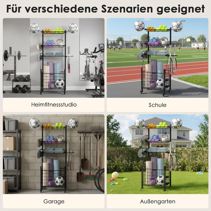 4 Stufige Ballständer, Boxing Regal Sportgeräte Organizer, Ballkorb Aufbewahrungsregal mit Rädern Kö