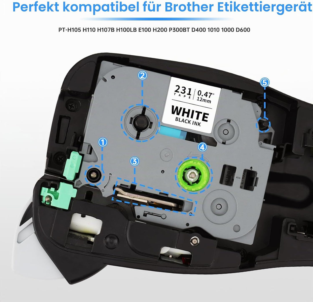 UniPlus 6x Kompatibel Tze-231 für Brother P-touch Bänder 12mm TZe231 Tz 231 Tzc231 Laminated Schrift