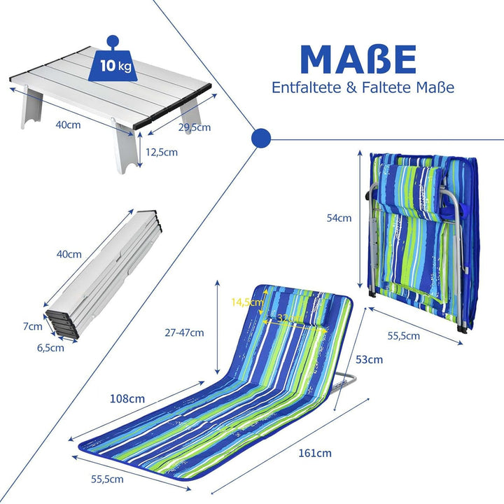 COSTWAY 2er Set Strandmatte mit Beistelltisch, Kopfkissen & Staufach, Liegematte mit Verstellbarer R