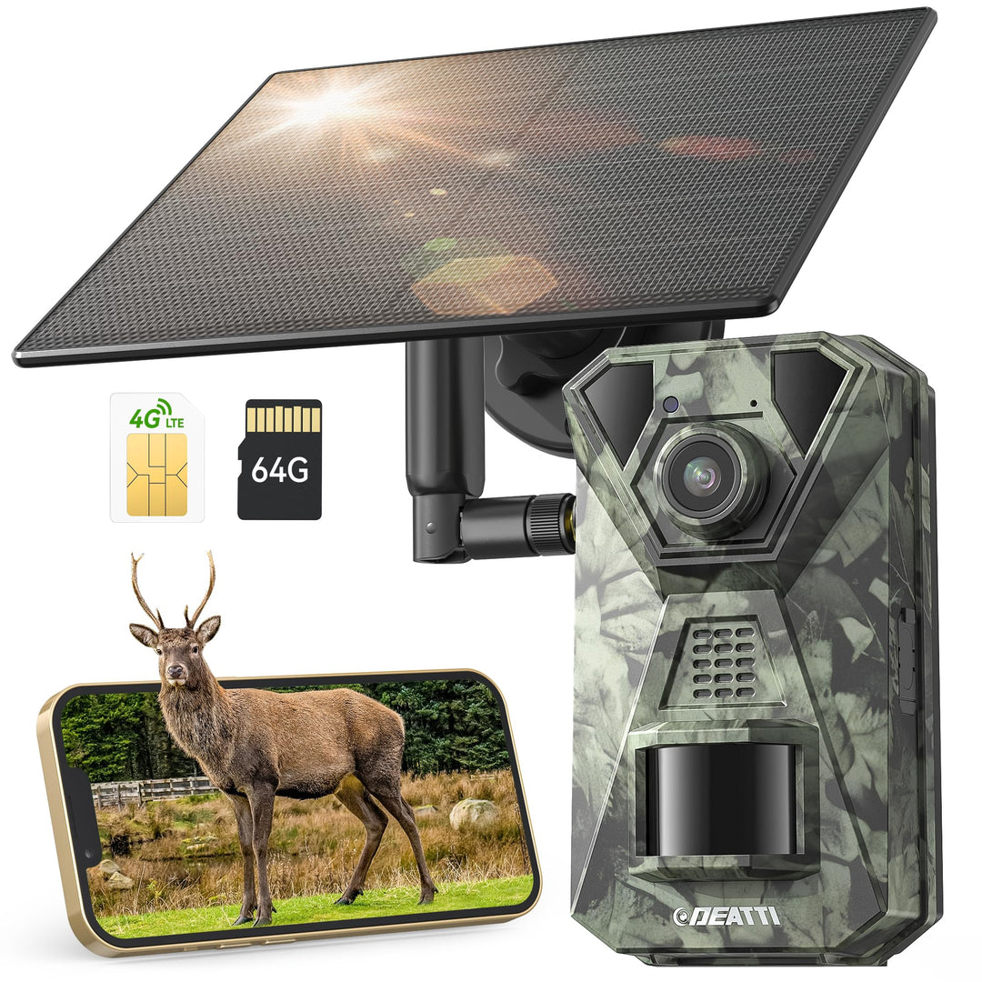 DEATTI 4G LTE Wildkamera mit Handyübertragung APP, 2.7K Solar Wildkamera mit SIM Karte, PIR Bewegung