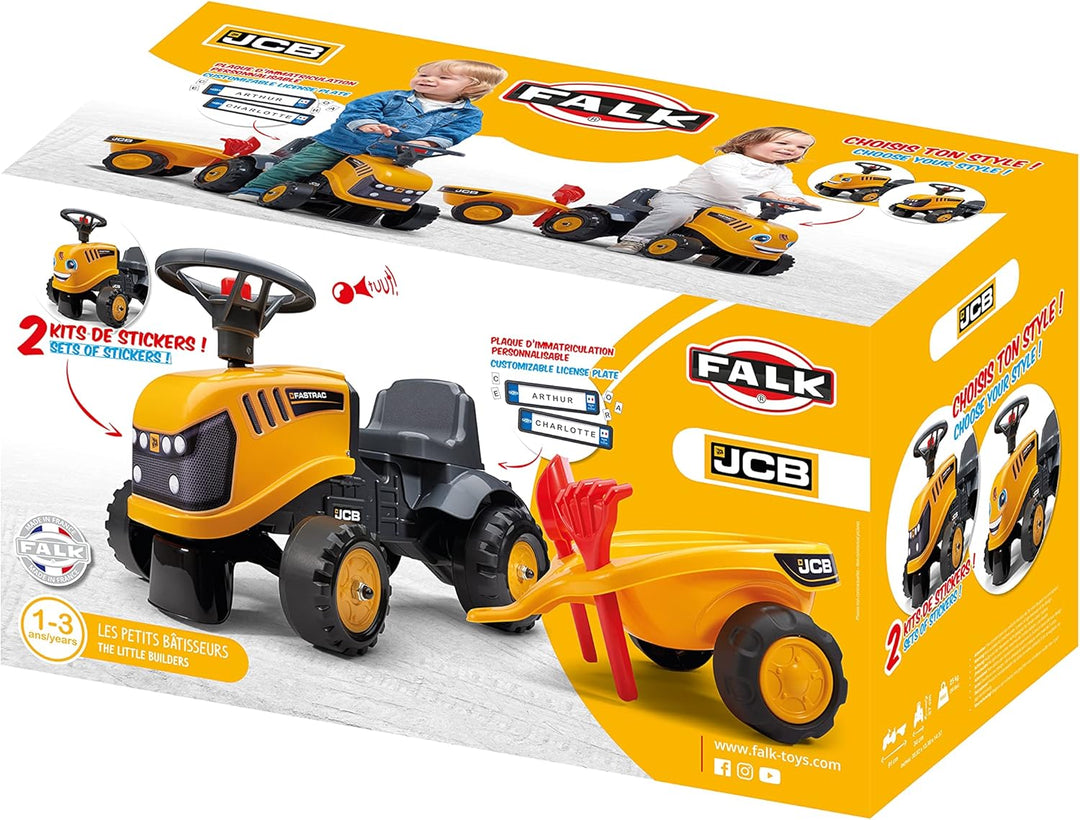 Falk – Baustellenwagen JCB mit Anhänger – ab 12 Monaten Schaufel und Rechen inklusive – 2 Styles zur