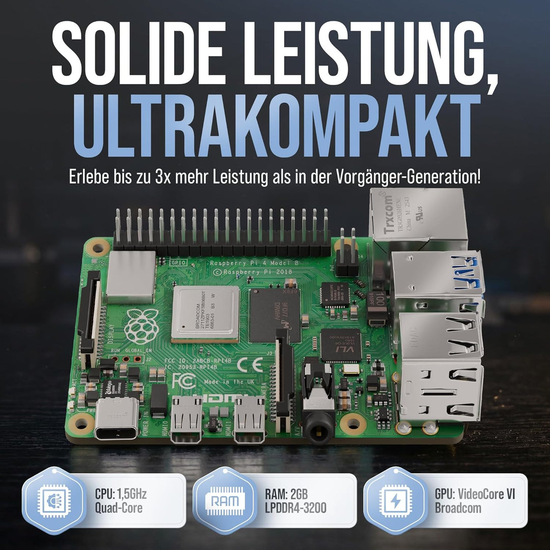 Raspberry Pi 4 2GB Starter-Kit Black | Offizielles Netzteil 15W | Offizielles Gehäuse | 64GB Edition