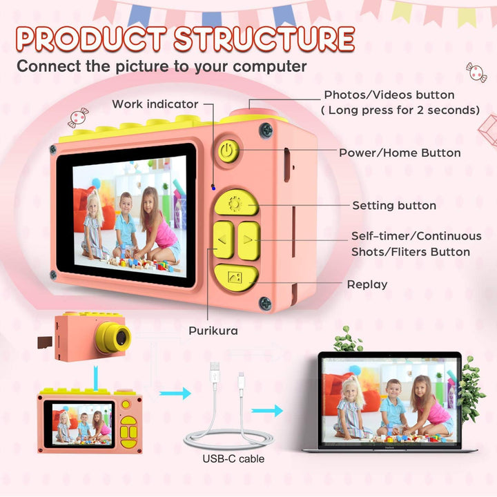 ShinePick Wasserdichte Kamera für Kinder, Mini-Kamera mit TF-Karte/Digitalzoom, 4 x / 8 MP, LCD-Disp
