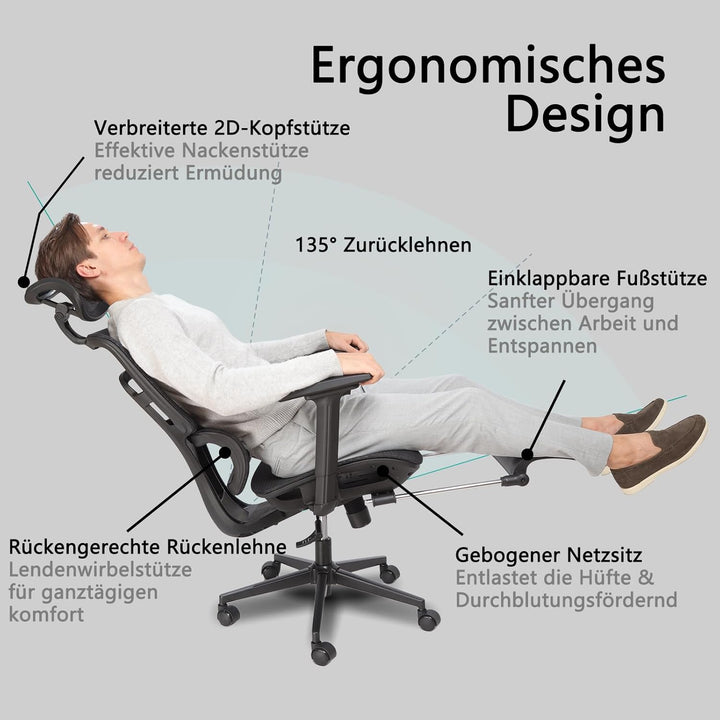 Bürostuhl Ergonomisch mit Fussstütze, 4D verstellbare Armlehnen, bequemer drehbarer Computer-Schreib