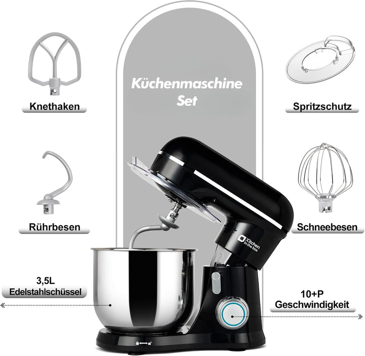 Kitchen in the box Kompakte Küchenmaschine 3,5 L, Rührmaschine &amp; Knetmaschine mit 10 Geschwindigkeit