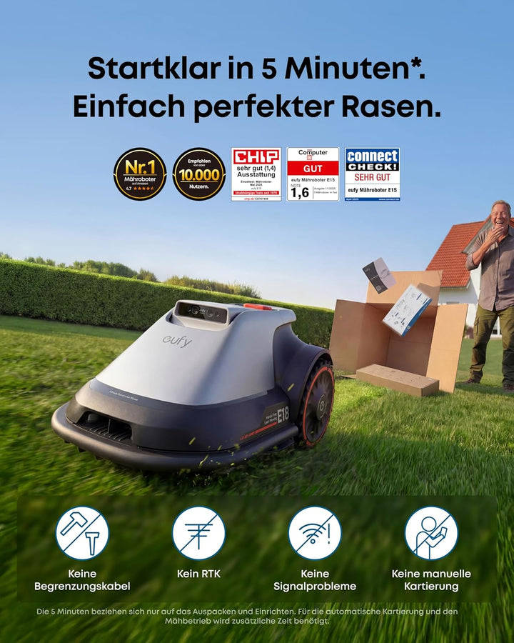eufy E18 Mähroboter ohne Begrenzungskabel, ohne RTK & Signalausfälle, TrueVision Technologie, GNSS,