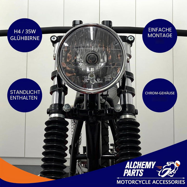 Alchemy Parts Chrom Motorrad Scheinwerfer 6.5 inch Durchmesser 12V 35W E-Geprüft