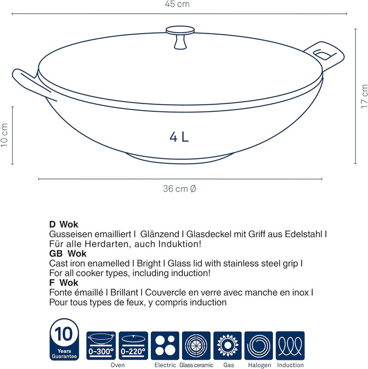 Kela Wok Calido, Ø 36 cm, 4 L, Gusseisen, hellgrau, Allherdboden, rau emailliert, Glasdeckel mit Ede