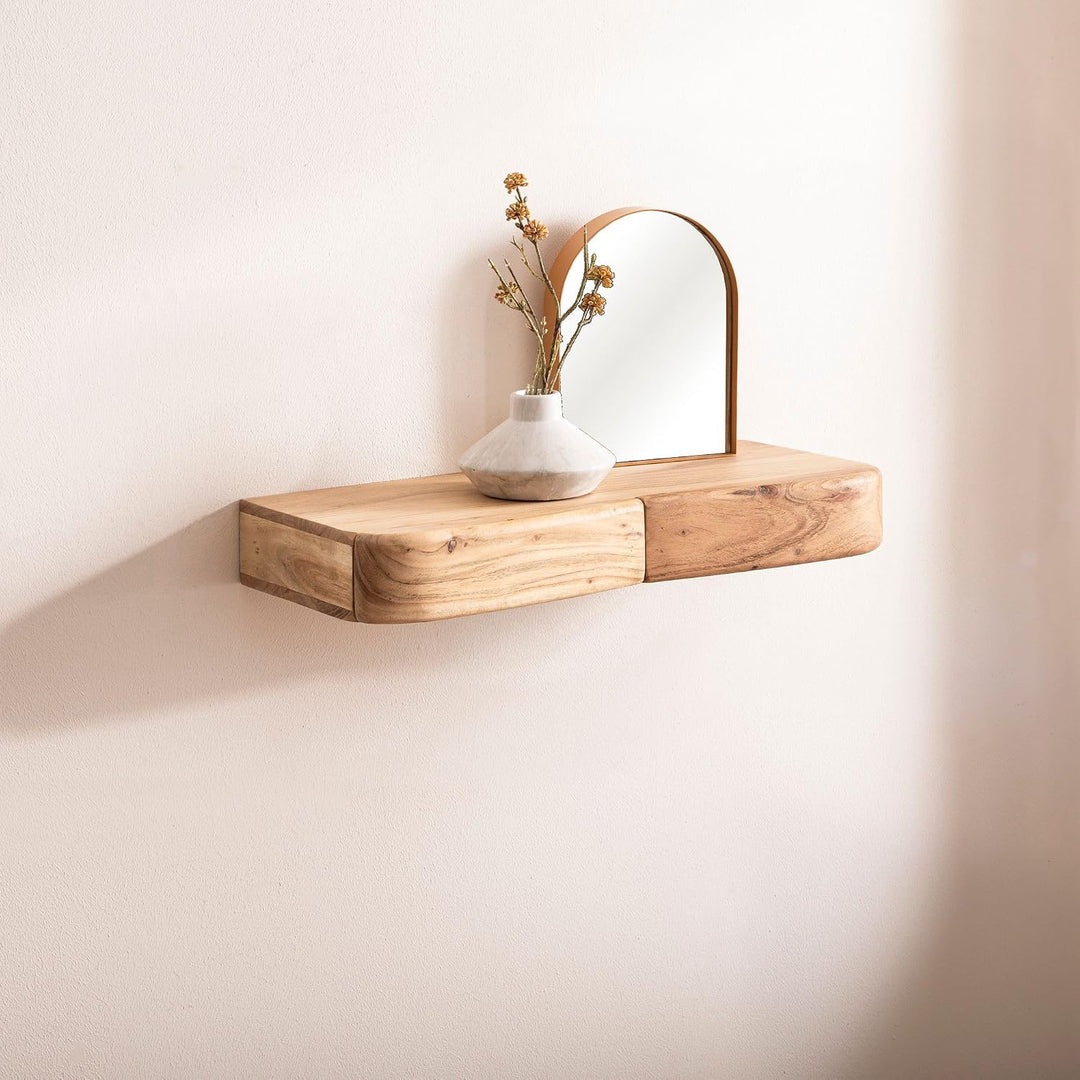 Wohnling Wandregal Akazie Massivholz 60cm mit Zwei Schubladen - Design Regal für die Wand - Holz Wan