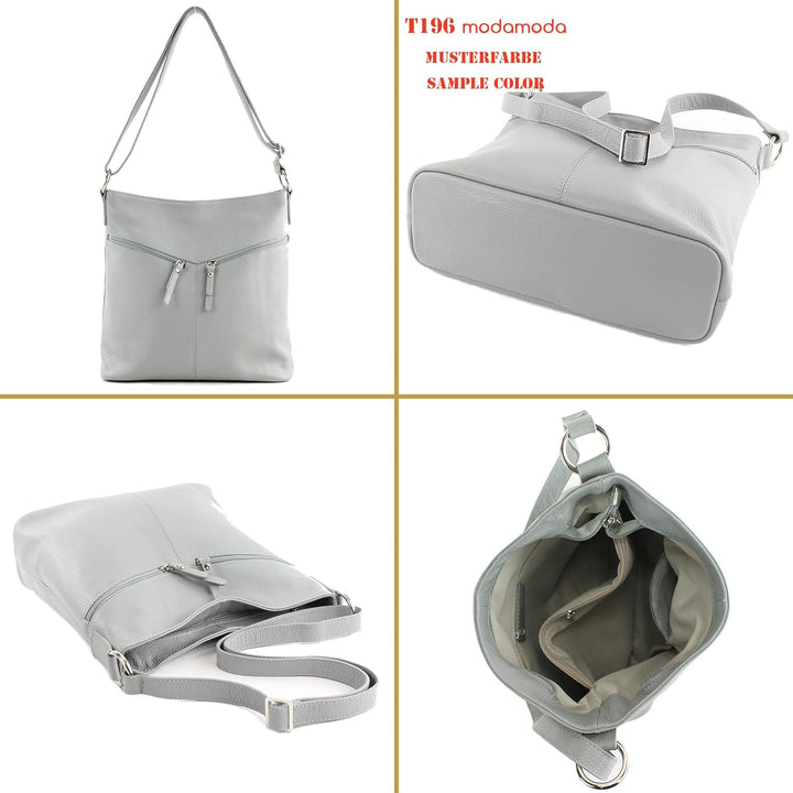modamoda de - T196 - ital Umhängetasche Schultertasche aus Leder Lightgold Metallic, Lightgold Metal