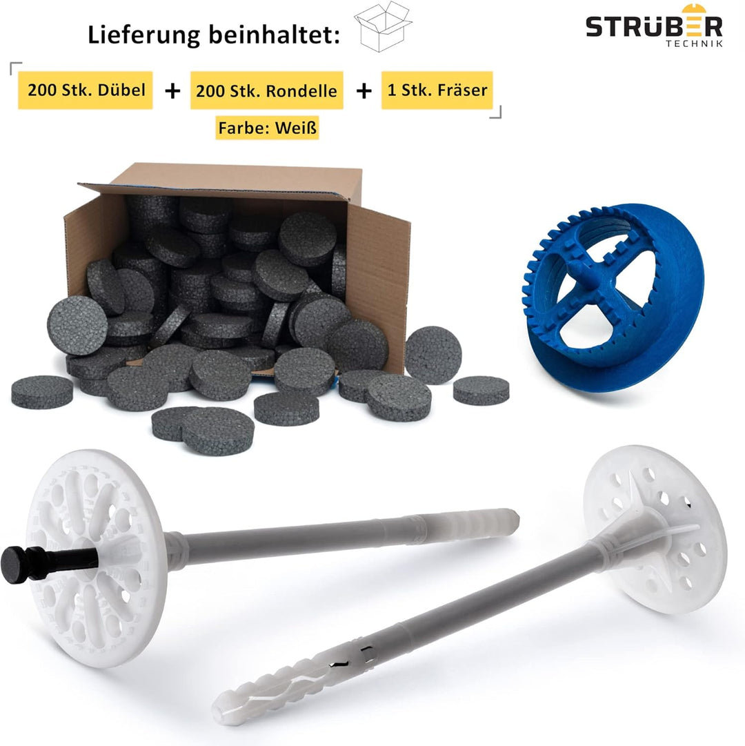WDVS SET (Ø10x110mm Dämmstoffdübel mit Kunststoffnagel 200St + Grau Styropor Rondelle 200St + Styrop