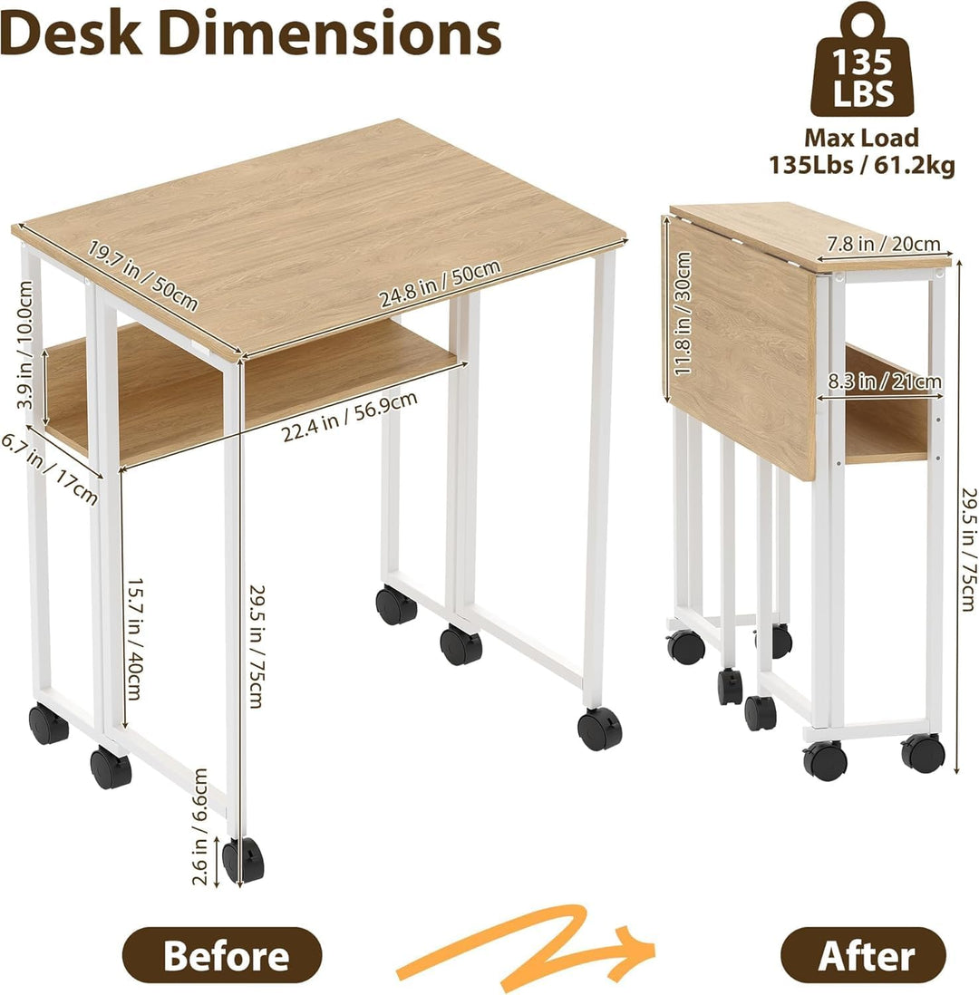 Kleiner Klappschreibtisch Schreibtisch, 63x50x75cm Klapptische mit 6 Rollen, Platzsparender Computer