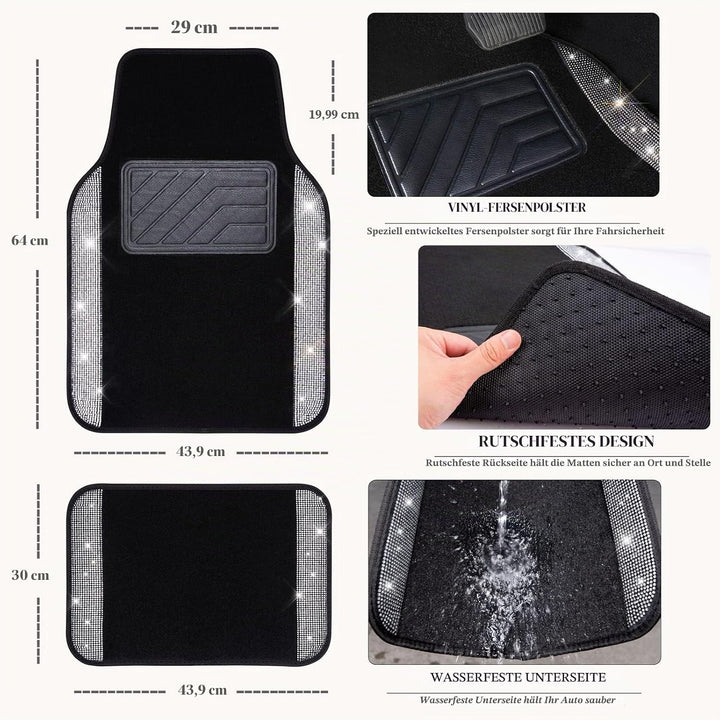 CAR PASS Universal Fit Glorious Strass-Teppich und Leder, komplettes Set, 4-teilig (schwarz und silb
