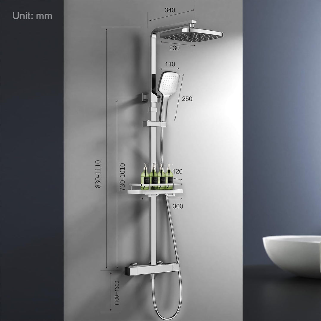HOMELODY Duschsystem mit Thermostat & Duschablage Chrom - Duscharmatur Komplettset mit Handbrause &