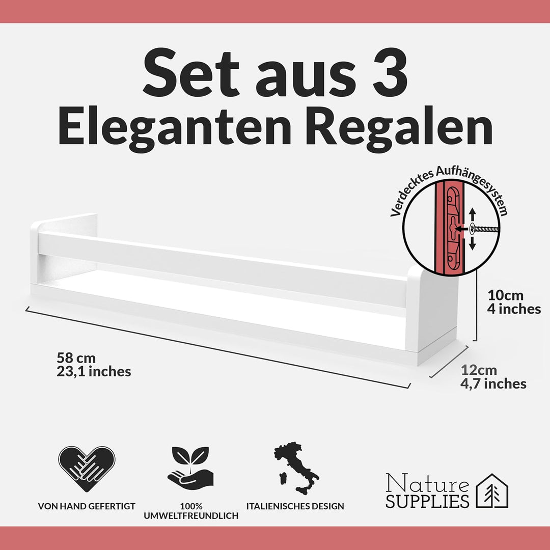 NATURE SUPPLIES Set mit 3 weissen Kinderzimmerregalen 58 cm, Massivholz, ideal für Bücher, Spielzeug