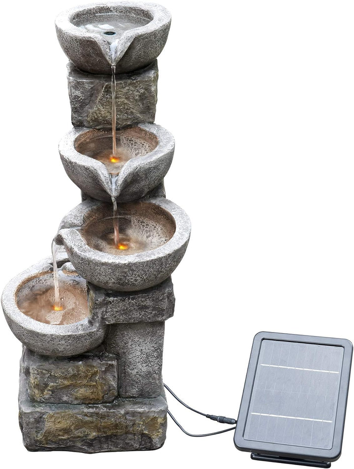 Solar-Wasserbrunnen für den Garten aus Stein mit Ornamenten und LEDs PT-SF0003