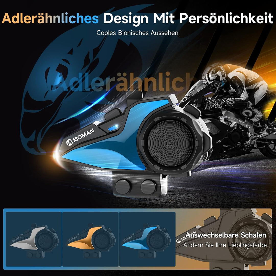 Moman H2E Motorrad Headset Intercom – Adler-Design Motorradhelm-Headset, Dual-Chip für Audio-Multita